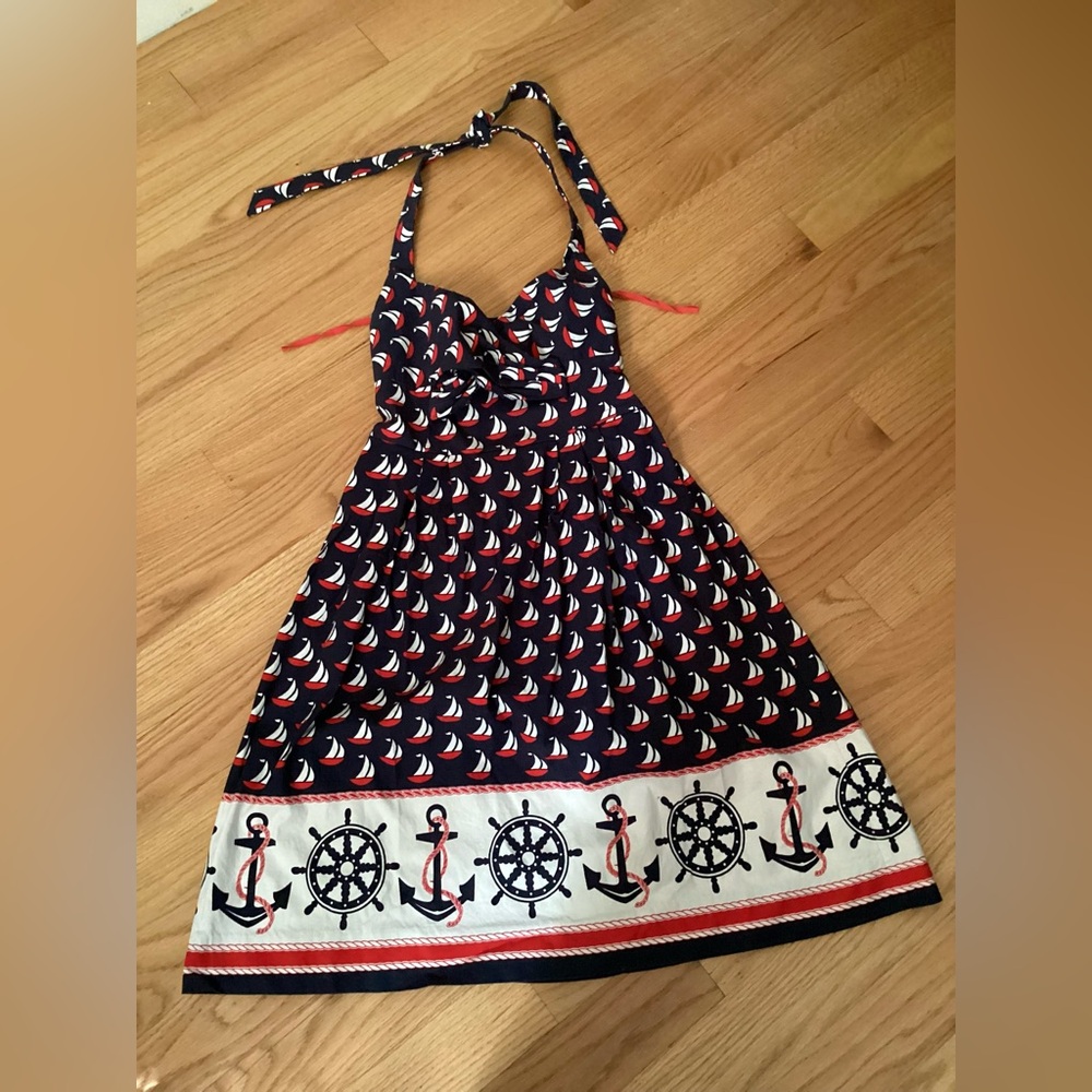 Navy Nautical Halter Mini Dress with Red & White Sail Print